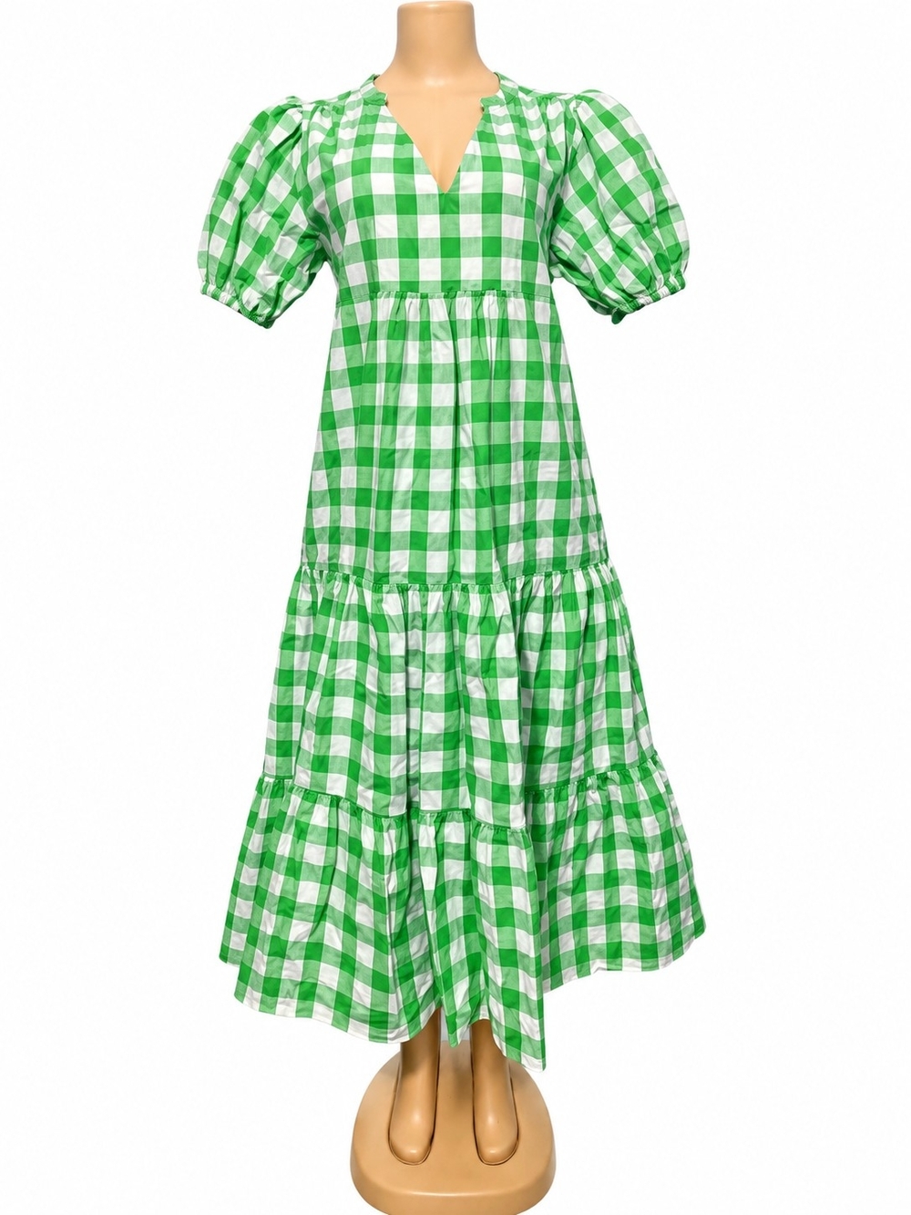 English Factory Green and White Gingham Tiered Puff-Sleeve Maxi Dress